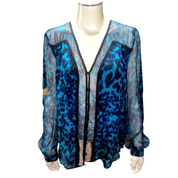 Arynk Large Blue Black Mulberry Silk Sheer Leopard Animal Print Blouse City Styl - Picture 2 of 11